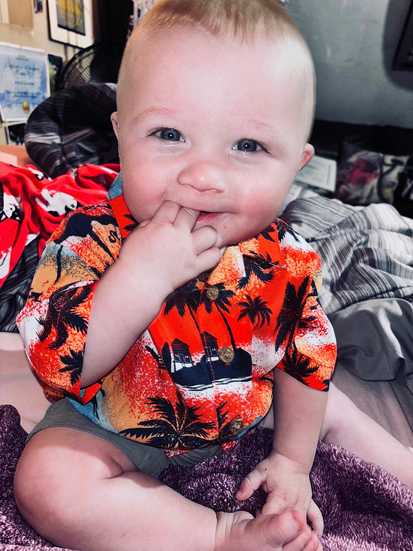 Wyatt joined the competition — help win amazing prizes! baby, child, infant, smiling, sitting, hand_in_mouth, orange_shirt, hawaiian_shirt, patterned_clothing, shorts, indoor, blanket, bed, cute, happy, portrait, face, blue_eyes, light_skin, playful