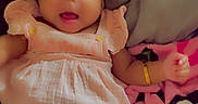 Skyy is registered to the contest to win money with this photo: baby, blanket, child, clothing, cute, diaper, dress, face, hair, happy, indoors, infant, lying_down, person, pink, relaxed, skin, small, smile, soft