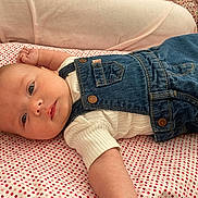 Eden participe au concours pour gagner de l'argent avec cette photo : baby, infant, denim_overalls, white_shirt, polka_dot, blanket, laying, face, skin, head, expression, cute, child, indoor, portrait, soft_light, cozy, relaxed, human, newborn