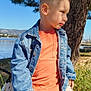 child, boy, denim_jacket, orange_shirt, ripped_jeans, rock, tree, grass, lake, mountains, sky, outdoor, nature, casual_clothing, portrait, side_view, sunlight, young_person, relaxing, scenic