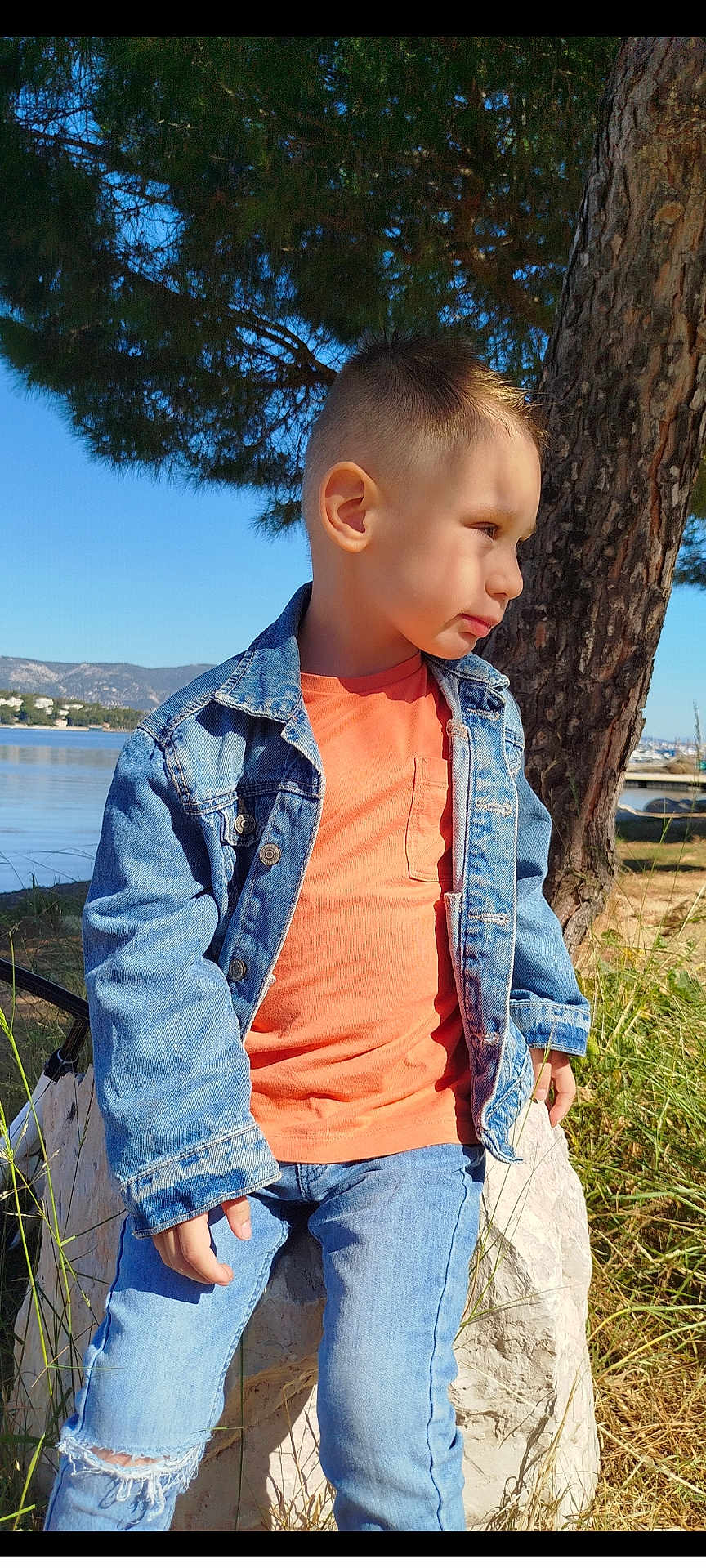 Nino a rejoint le concours — aidez-le/la à gagner de superbes lots ! child, boy, denim_jacket, orange_shirt, ripped_jeans, rock, tree, grass, lake, mountains, sky, outdoor, nature, casual_clothing, portrait, side_view, sunlight, young_person, relaxing, scenic