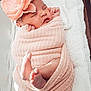 newborn, baby, sleeping, flower_headband, blanket, pink, feet, wrapped, cozy, basket, soft, infant, cute, peaceful, child, headband, pose, indoors, portrait, resting