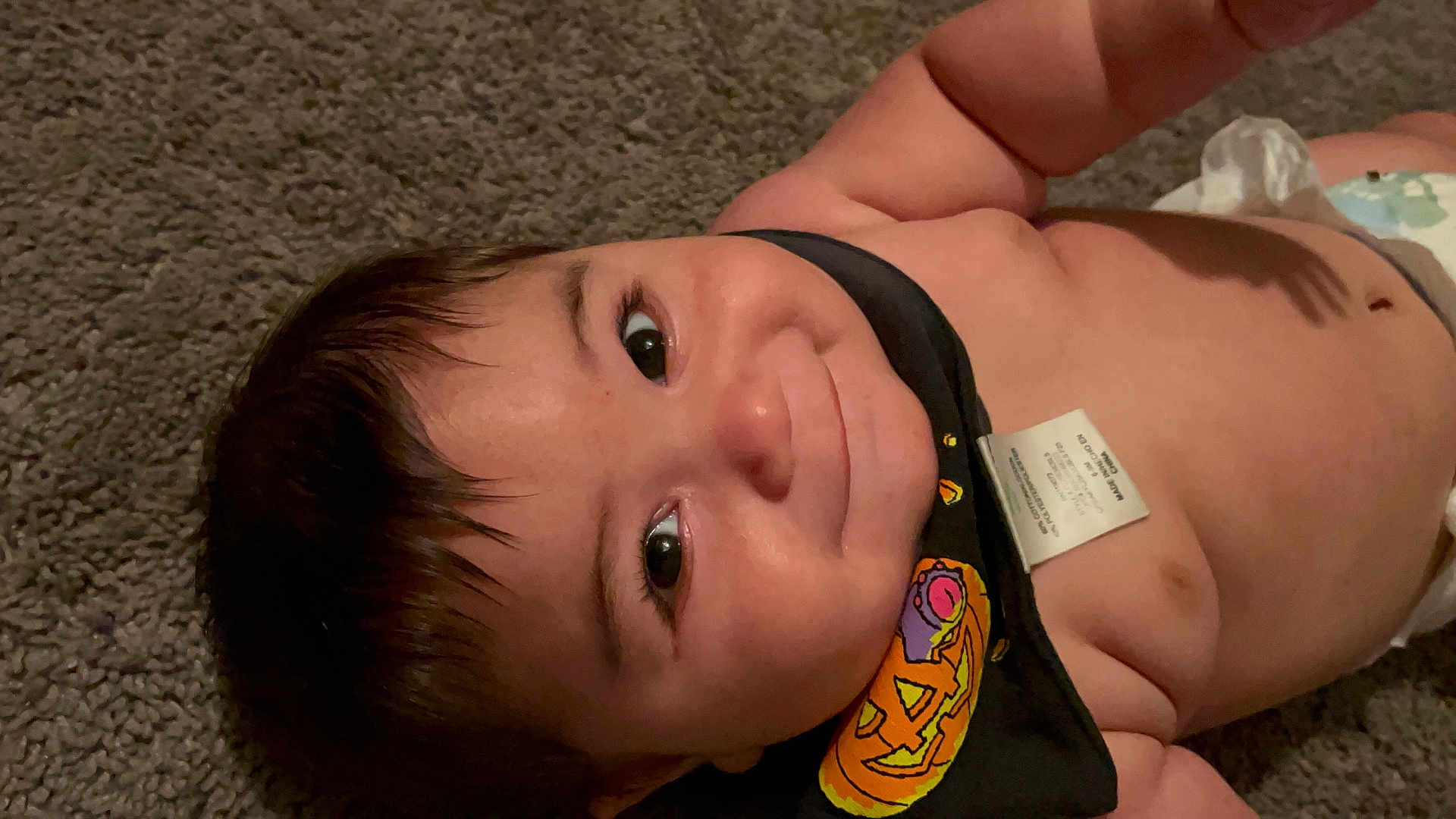 Gabriel joined the competition — help win amazing prizes! baby, child, smile, face, carpet, black_bib, pumpkin, diaper, chubby, infant, cute, indoor, portrait, skin, head, eyes, happy, young, person, lying_down