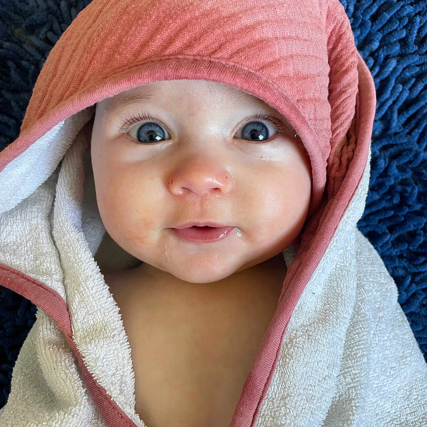 Eva-Louise participe au concours pour gagner de l'argent avec cette photo : baby, blanket, blue_background, child, closeup, cute, drool, expression, eyes, face, hood, infant, mouth, nose, portrait, skin, soft_texture, towel, warm, wrapped