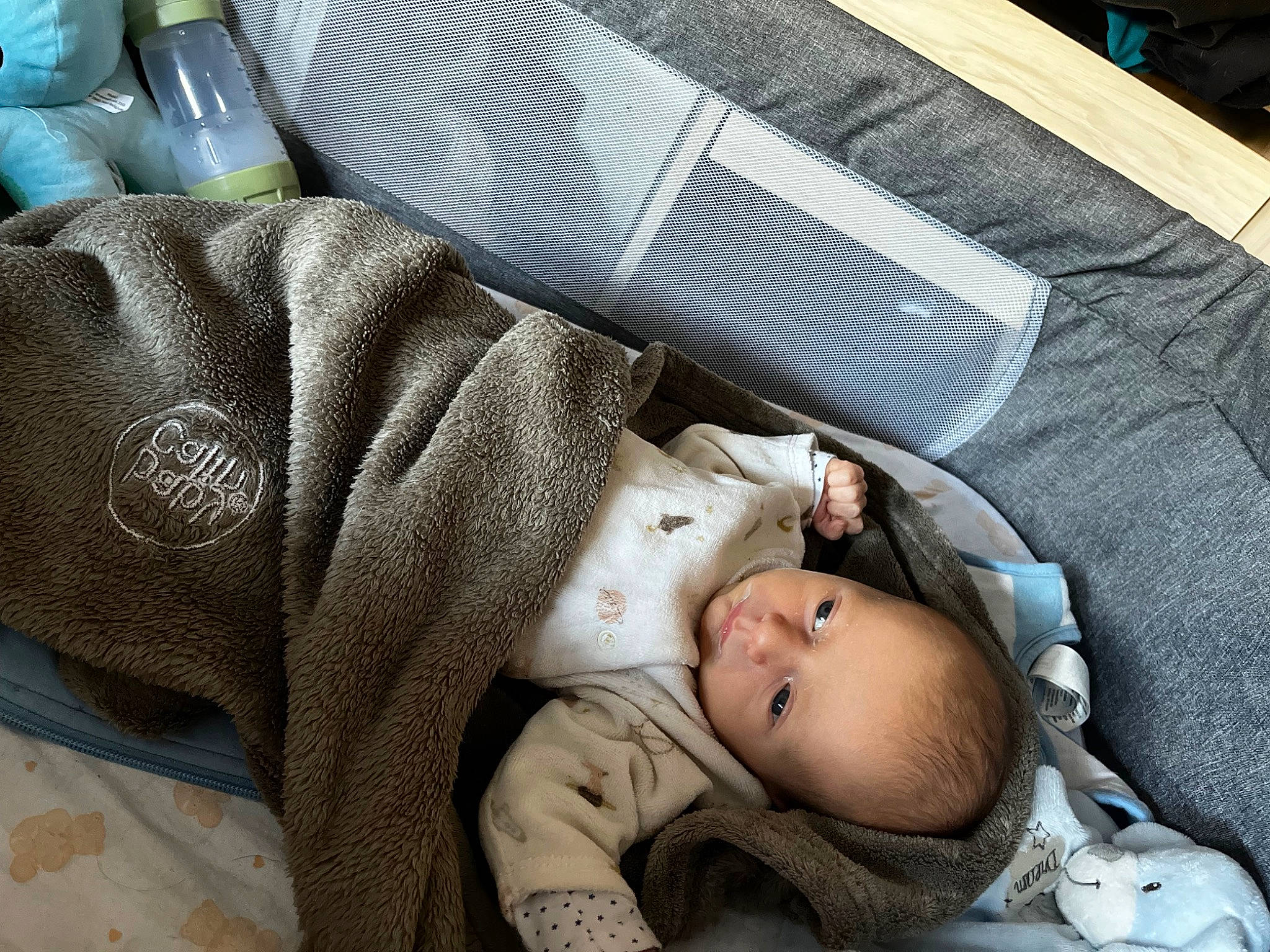 Owen a rejoint le concours — aidez-le/la à gagner de superbes lots ! baby, baby_carriage, baby_products, baby_toddler_clothing, car_seat, cheek, child, comfort, grass, linens, nap, person, sitting, sleep, toddler, tree, wood