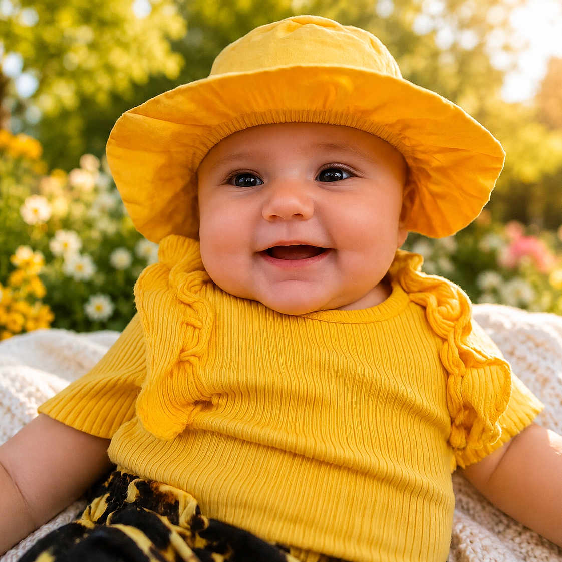 Elianna is registered to the contest to win money with this photo: baby, child, yellow_hat, yellow_clothing, smiling, outdoor, flower_garden, blanket, sunlight, happy, portrait, cute, nature, summer, greenery, toddler, face, headwear, sitting, bright