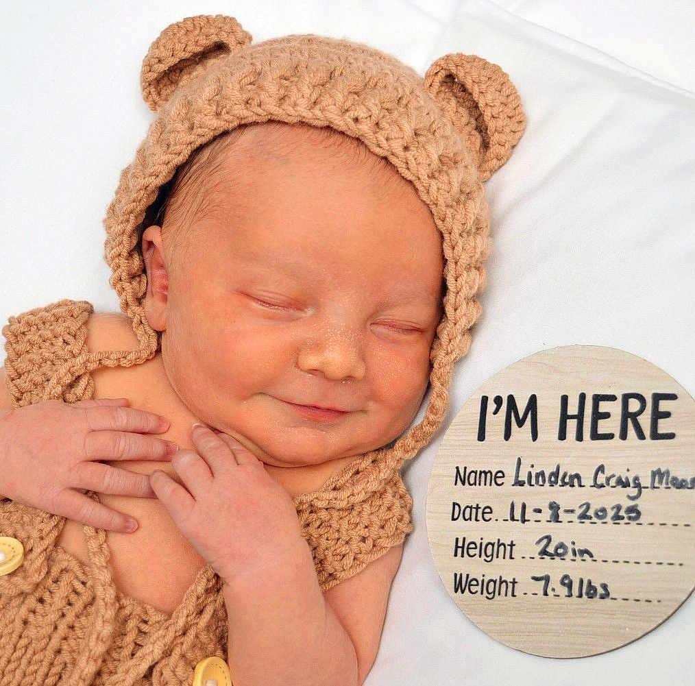 Linden joined the competition — help win amazing prizes! newborn, baby, sleeping, knitted_hat, knitted_outfit, bear_ears, smiling, infant, birth_announcement, wooden_plaque, white_blanket, hand, cute, portrait, resting, soft_light, closeup, baby_clothing, peaceful, child