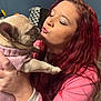 Hazel joined the competition — help win amazing prizes! woman, dog, french_bulldog, puppy, pink_sweater, red_hair, indoor, affection, holding, kiss, cute, pet, smiling, face, person, cozy, warm, love, casual_clothing, close_up