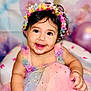 baby, child, smiling, dress, headband, colorful, pastel, tulle, stars, happy, portrait, celebration, balloons, cute, infant, face, eyes, hands, sitting, background