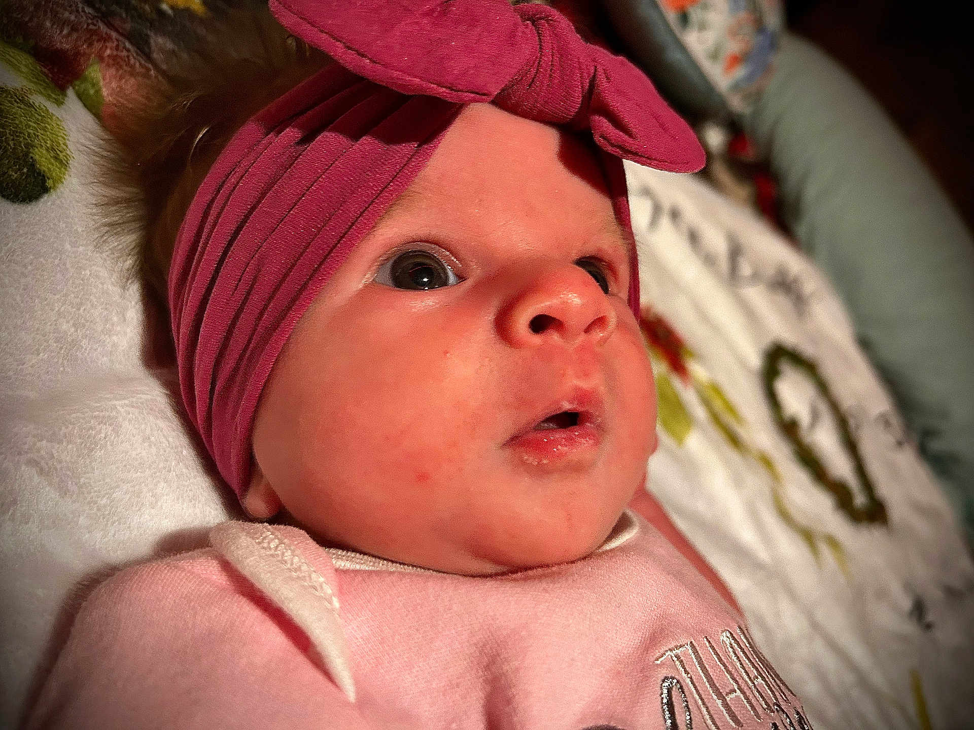 Autumn joined the competition — help win amazing prizes! baby, infant, headband, pink, clothing, face, eyes, skin, portrait, closeup, cute, expression, soft, newborn, child, indoors, blanket, fabric, apparel, person