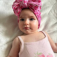 Sienna joined the competition — help win amazing prizes! baby, infant, child, pink_bow, headband, strawberry_print, pink_tank_top, cute, portrait, lying_down, soft_blanket, closeup, face, skin, eyes, arm, cute_expression, indoors, clothing, adorable