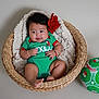Penelope is registered to the contest to win money with this photo: baby, infant, basket, blanket, green_clothing, red_flower, soccer_ball, mexico, flag, cute, chubby_cheeks, smiling, indoors, woven_basket, footwearless, child, portrait, soft_lighting, happy, playful