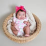 Penelope is registered to the contest to win money with this photo: baby, infant, child, basket, headband, pink_bow, smile, happy, cute, blanket, woven_basket, feet, clothing, onesie, portrait, indoors, neutral_background, texture, soft, adorable