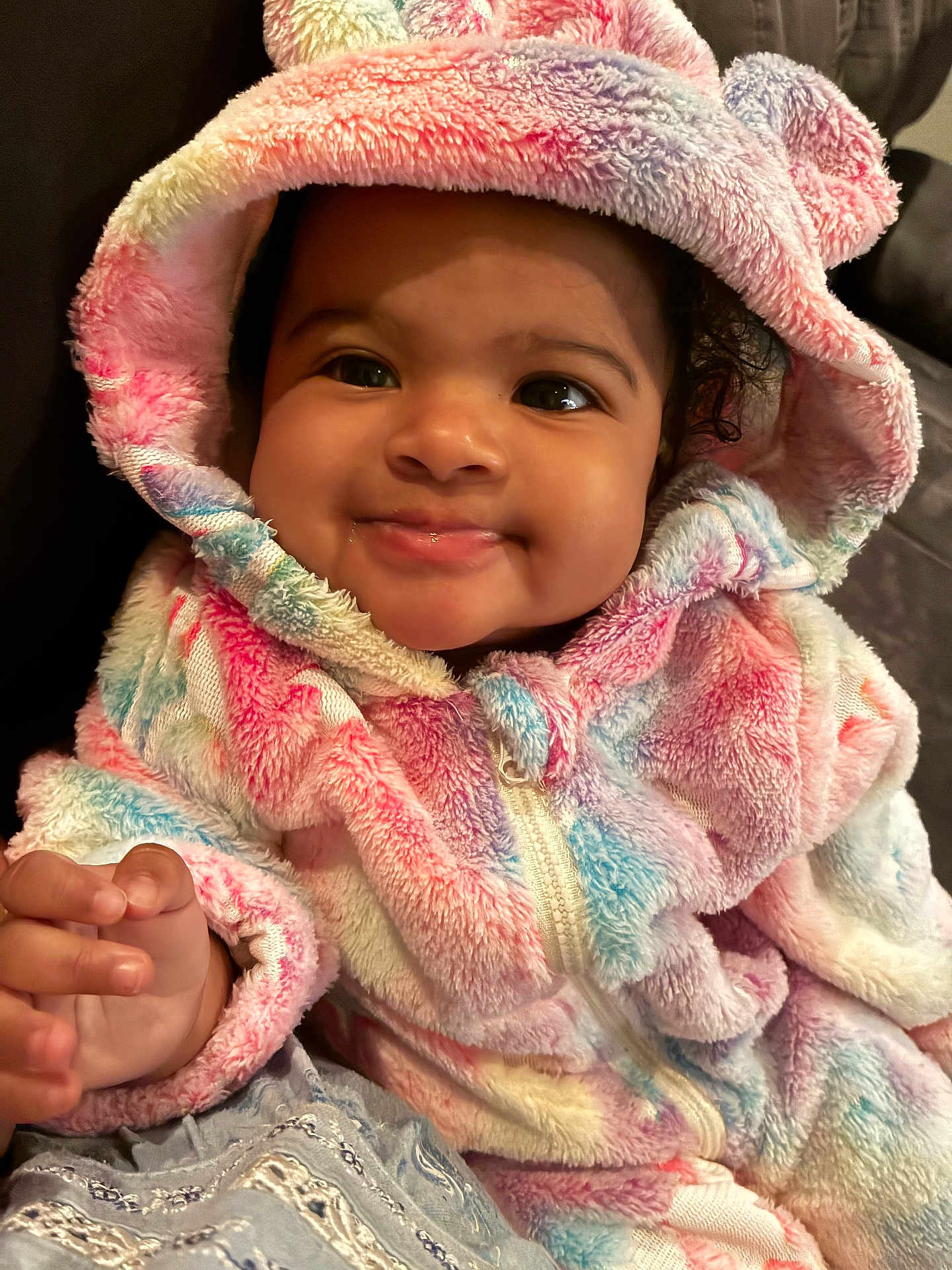 Xalori joined the competition — help win amazing prizes! baby, child, closeup, colorful, cozy, cute, expression, face, fluffy, hand, hood, indoor, infant, jacket, person, portrait, skin, smile, warm_clothing, young