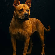 Nina participe au concours pour gagner de l'argent avec cette photo : alert, animal, brown_coat, canine, closeup, dark_background, dog, ears_up, four_legs, muscular, outdoor, paw, portrait, rain, serious_expression, standing, studio_lighting, tail, water_droplets, wet