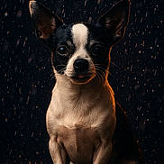 Spooky participe au concours pour gagner de l'argent avec cette photo : animal, black_and_white, canine, chihuahua, closeup, cute, dark_background, dog, ears, fur, looking_at_camera, moody, pet, portrait, rain, sitting, small_dog, studio_lighting, water_droplets, wet