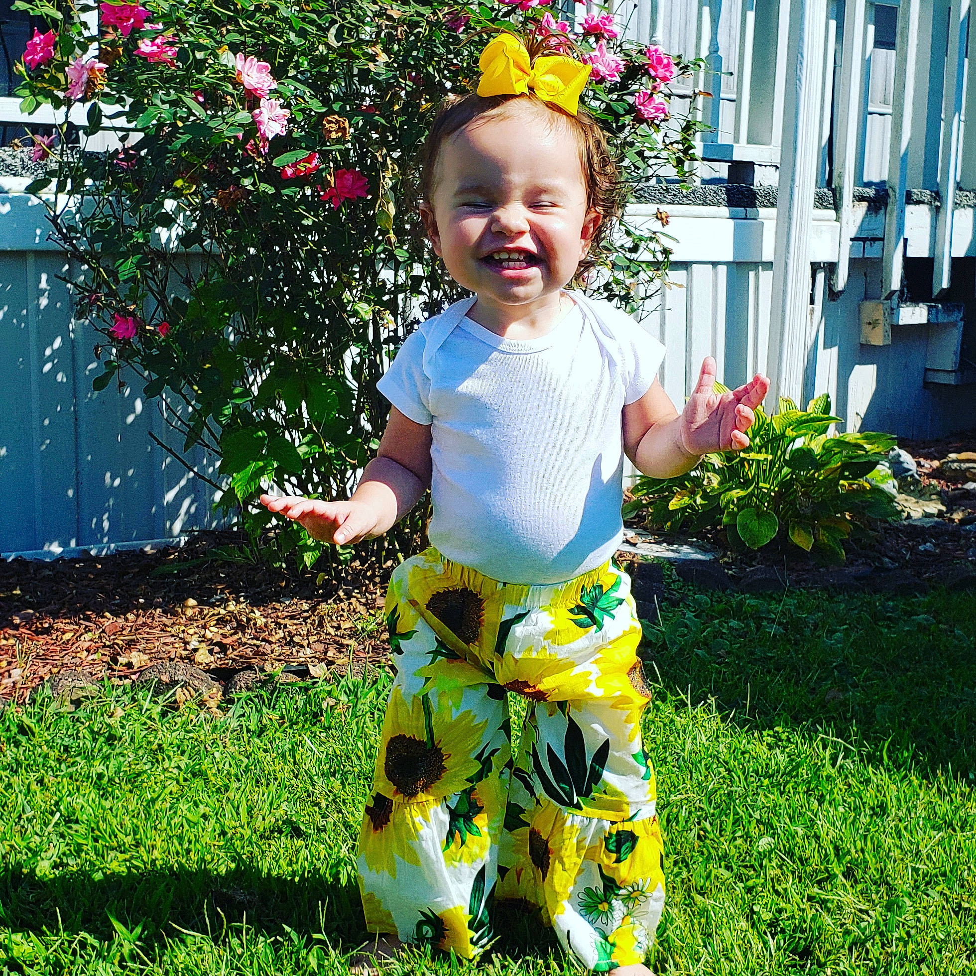 Milah is registered to the contest to win money with this photo: baby_toddler_clothing, child, costume, dress, flower, garden, grass, joy, lawn, person, plant, play, smile, spring, summer, toddler, yard, yellow
