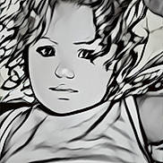 August is registered to the contest to win money with this photo: child, portrait, black_and_white, curly_hair, face, person, drawing_style, sketch, illustration, artistic, monochrome, young, expression, head, hair, close_up, eyes, nose, mouth, tank_top