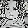 child, portrait, black_and_white, curly_hair, face, person, drawing_style, sketch, illustration, artistic, monochrome, young, expression, head, hair, close_up, eyes, nose, mouth, tank_top