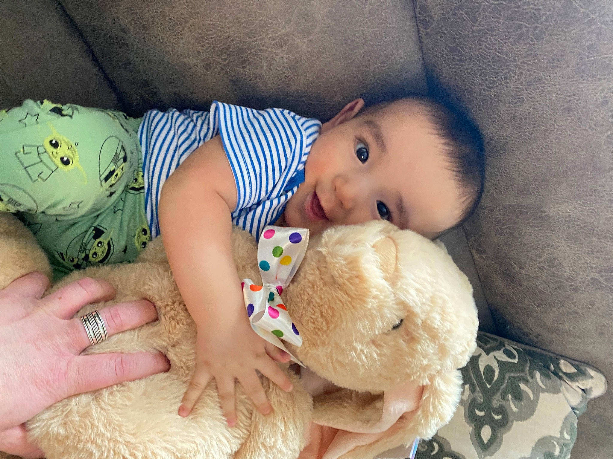 Kayleb is registered to the contest to win money with this photo: arm, baby, baby_sleeping, baby_toddler_clothing, cheek, child, comfort, eye, human_body, iris, linens, nose, organ, person, skin, stuffed_toy, teddy_bear, textile, toddler, toy