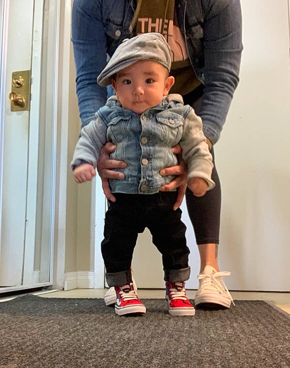 Kayleb joined the competition — help win amazing prizes! baby, baby_toddler_clothing, cap, child, denim, electric_blue, footwear, gesture, happy, hat, headwear, joint, knee, person, shoe, sleeve, sneakers, standing, street_fashion, t_shirt
