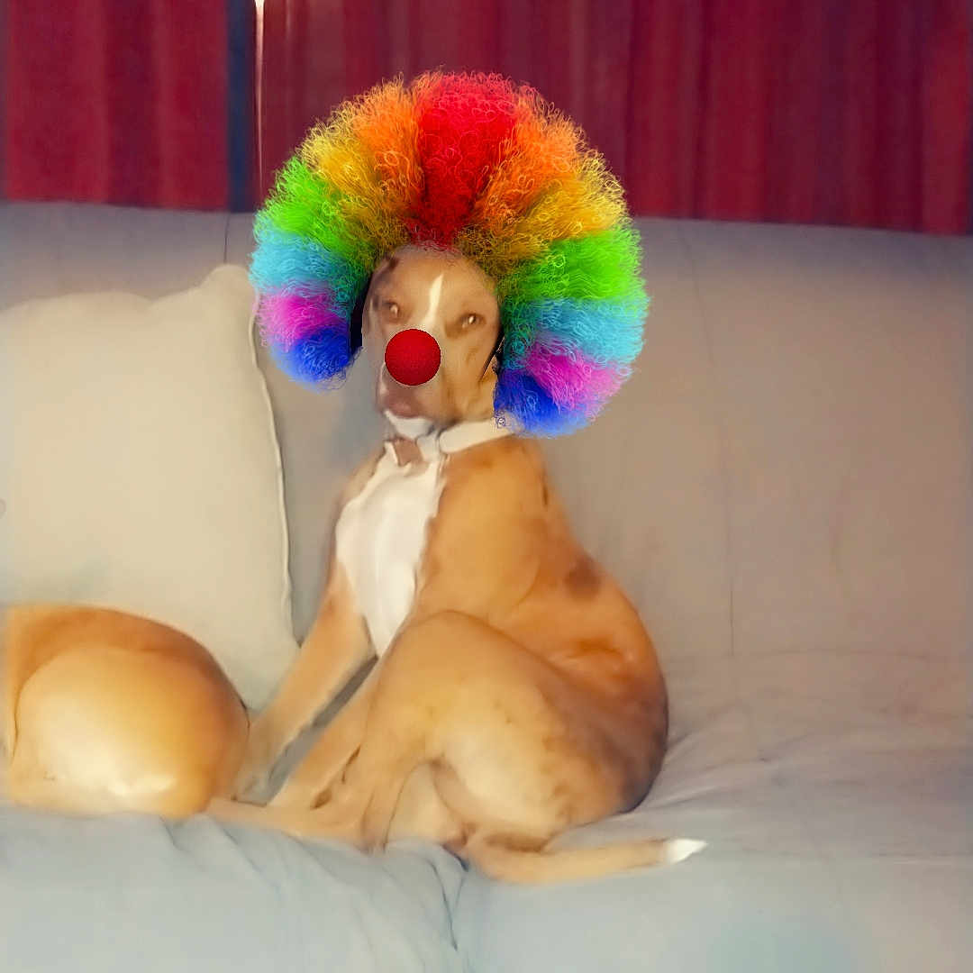 Luna joined the competition — help win amazing prizes! animal, brown_dog, clown_nose, clown_wig, costume, couch, curtain, dog, funny, humor, indoors, living_room, pet, pillow, portrait, rainbow, relaxed, sitting, sofa, upholstery