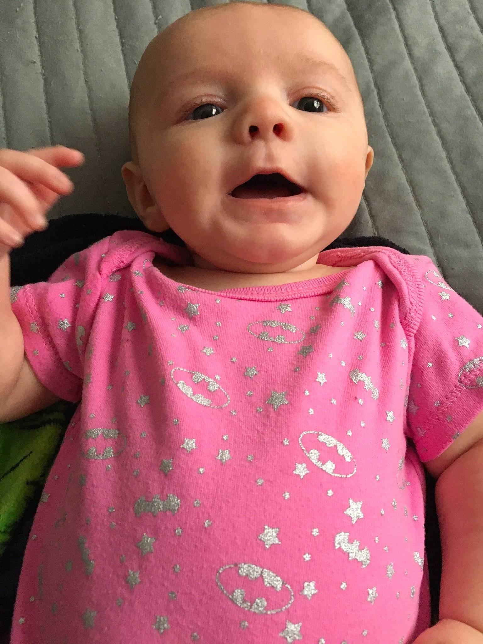 Elsie is registered to the contest to win money with this photo: baby, baby_toddler_clothing, cheek, child, face, head, lip, magenta, mouth, neck, nose, person, pink, skin, smile, toddler, tongue