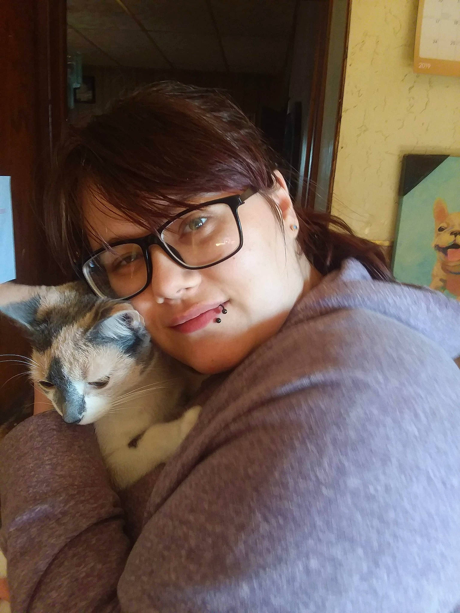 Aries is registered to the contest to win money with this photo: black_hair, brown_hair, cat, comfort, couch, domestic_short_haired_cat, ear, eyewear, felidae, fur, glasses, joy, long_hair, neck, nose, person, sitting, small_to_medium_sized_cats, smile, vision_care