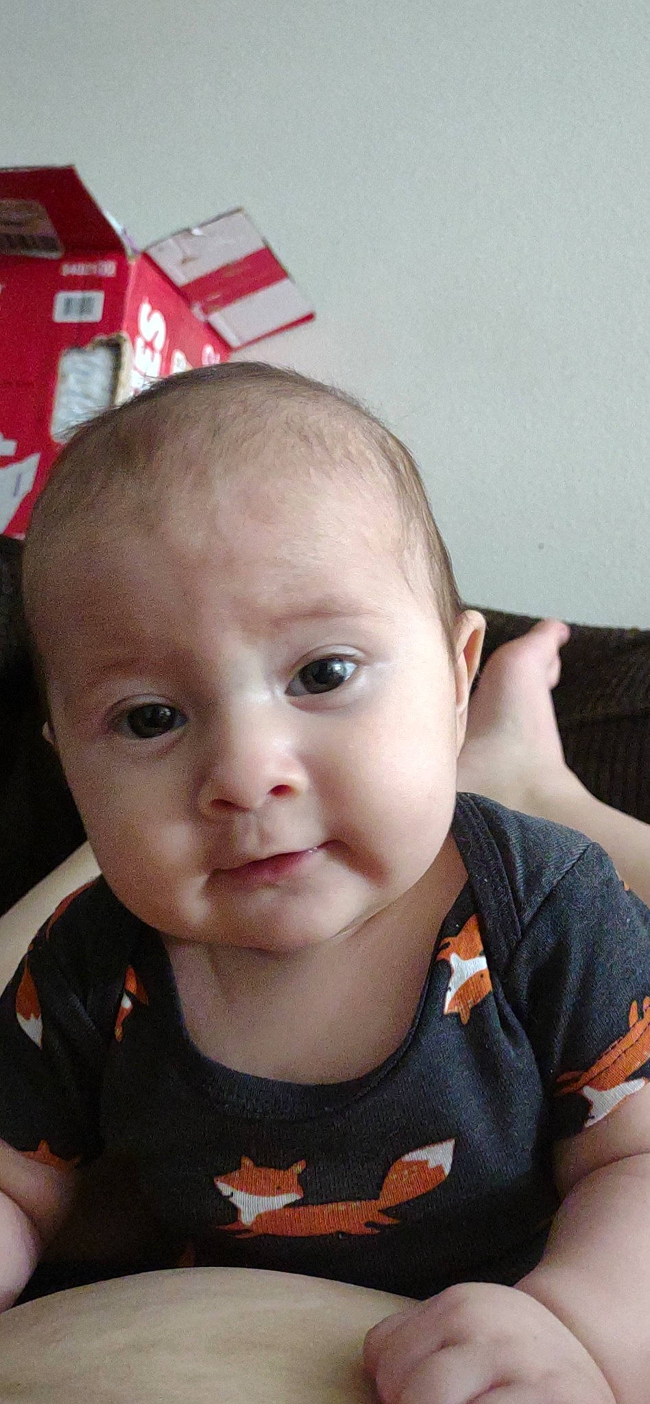 Malakai is registered to the contest to win money with this photo: baby, baby_toddler_clothing, cheek, child, ear, eyebrow, eyelash, forehead, fun, happy, iris, lip, mouth, nose, person, sitting, skin, sleeve, toddler