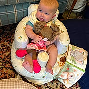 Nina is registered to the contest to win money with this photo: baby, infant, child, doll, inflatable_seat, toy, smiling, sitting, feet, hands, patterned_rug, couch, living_room, soft_book, plush_toy, bib, clothing, head, portrait, cozy