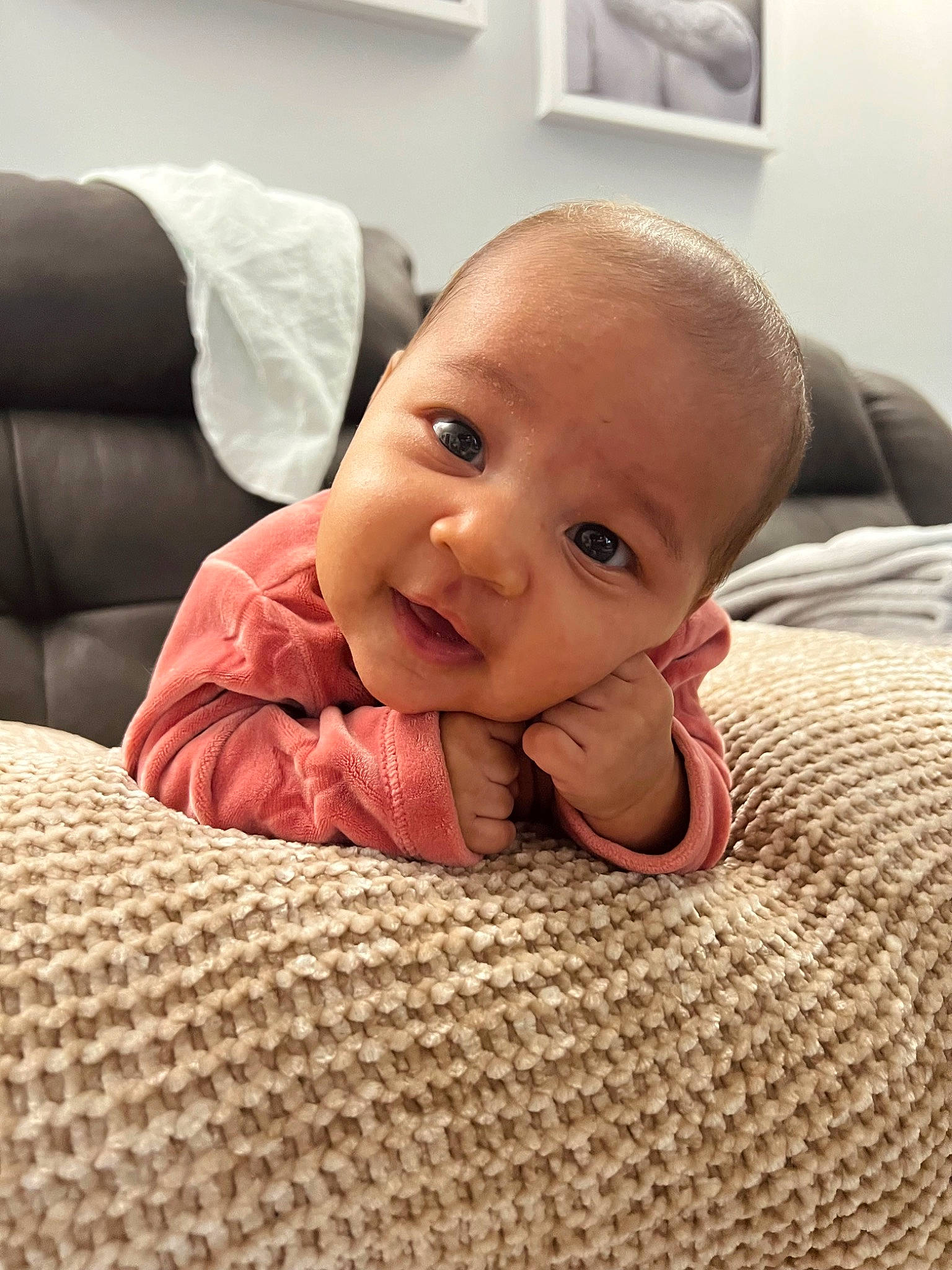 Avani is registered to the contest to win money with this photo: baby, baby_toddler_clothing, cheek, chin, comfort, crawling, eyebrow, floor, flooring, happy, iris, lip, mouth, nose, person, picture_frame, skin, smile, toddler, tummy_time