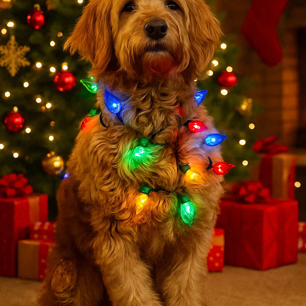 Oliver is registered to the contest to win money with this photo: carpet, celebration, christmas_lights, christmas_tree, cute, decorations, dog, festive, furry, golden_doodle, holiday, holiday_season, indoors, ornaments, pet, presents, red_bow, sitting, stocking, warm_lighting