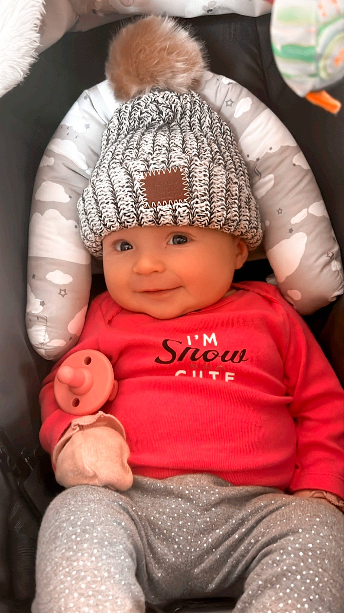 Ella joined the competition — help win amazing prizes! baby, baby_toddler_clothing, beanie, cap, cheek, child, cool, eye, fashion_accessory, fun, happy, headgear, headwear, knit_cap, person, pink, product, skin, sleeve, smile