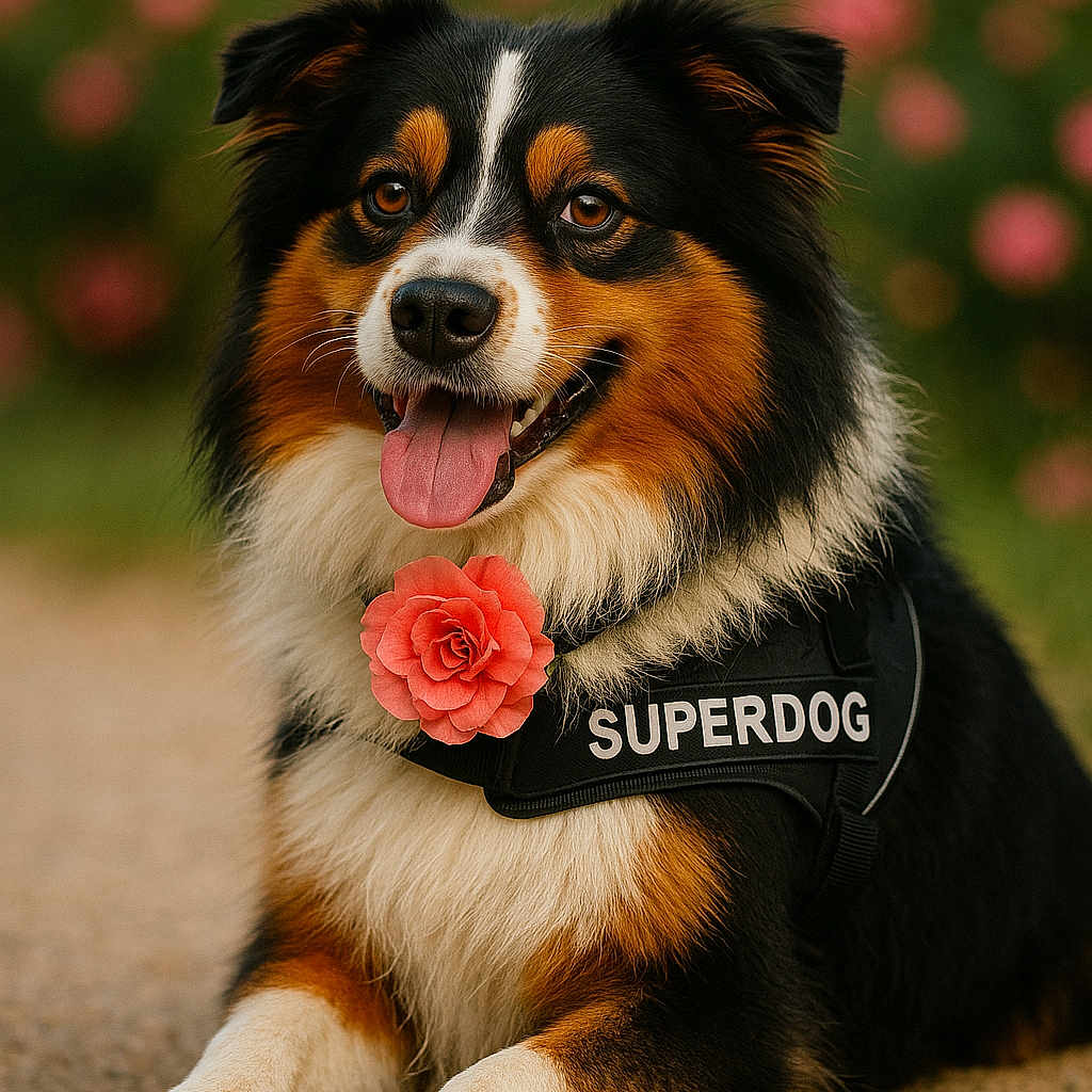 Ratigan a rejoint le concours — aidez-le/la à gagner de superbes lots ! animal, black_brown_white, canine, close_up, cute, dog, flower, friendly, fur, garden, grass, happy, nature, outdoor, pet, pink_flower, portrait, sitting, superdog, tongue_out