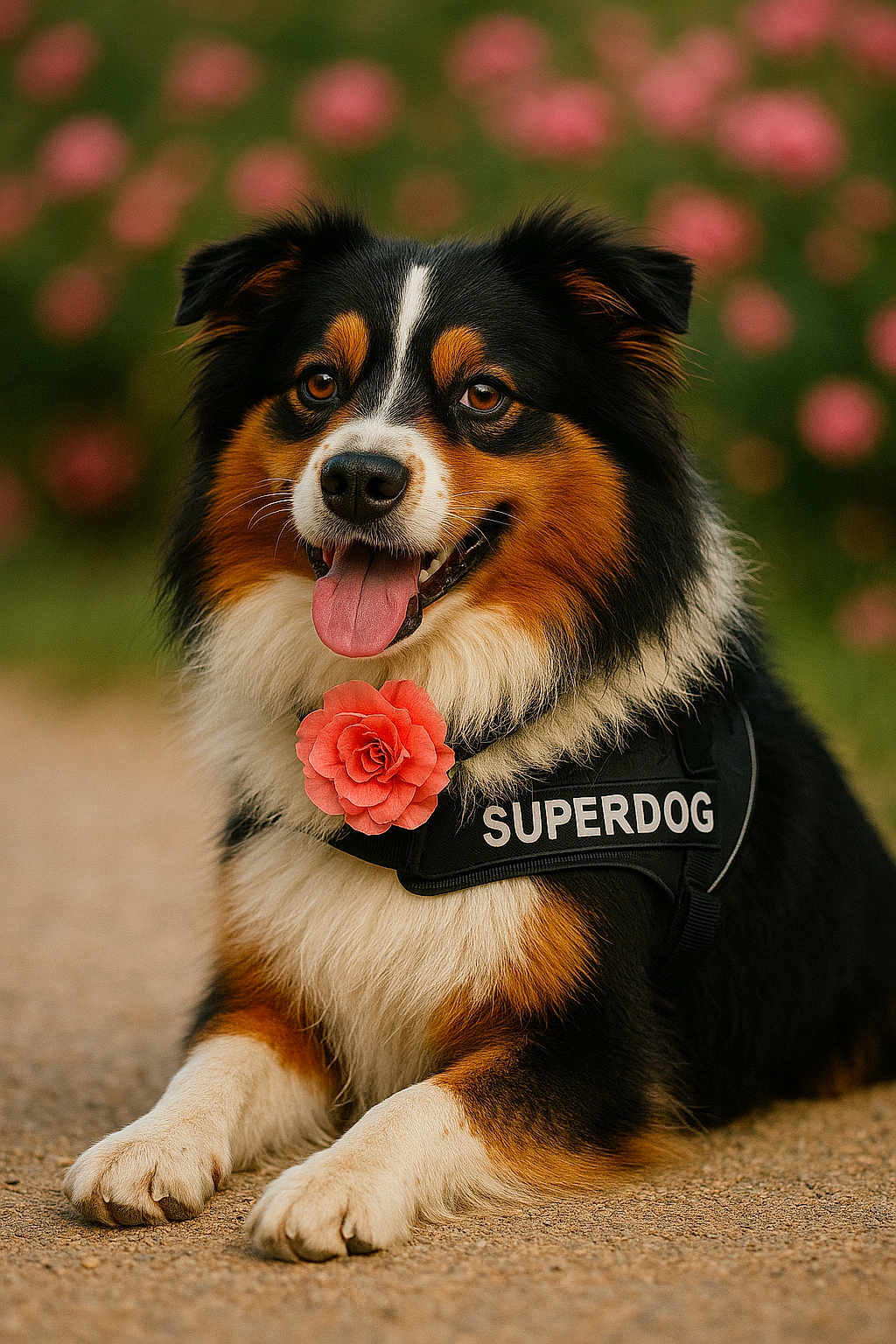 Ratigan a rejoint le concours — aidez-le/la à gagner de superbes lots ! dog, animal, pet, superdog, flower, pink_flower, fur, happy, tongue_out, outdoor, nature, garden, grass, close_up, portrait, cute, black_brown_white, sitting, canine, friendly