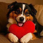 Ratigan participe au concours pour gagner de l'argent avec cette photo : dog, tricolor, heart_pillow, tongue_out, cute, pet, animal, couch, cozy, paws, closeup, indoor, fluffy, brown, black, white, happy, comfort, love, relaxed