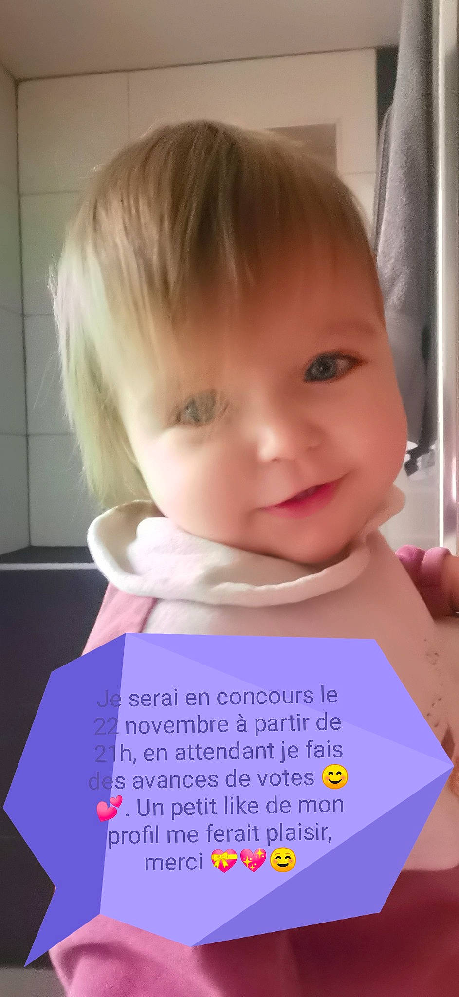 Océane participe au concours pour gagner de l'argent avec cette photo : baby, baby_products, baby_toddler_clothing, beauty, cheek, child, chin, eyebrow, eyelash, font, happy, iris, neck, nose, person, photo_caption, room, skin, smile, t_shirt