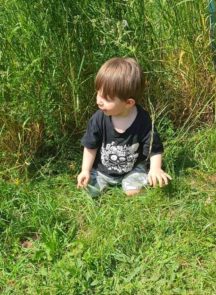 Mathéo participe au concours pour gagner de l'argent avec cette photo : baby_toddler_clothing, child, garden, grass, grass_family, grassland, groundcover, lawn, mammal, meadow, people_in_nature, person, plant, prairie, shrub, sitting, soil, t_shirt, terrestrial_plant, toddler