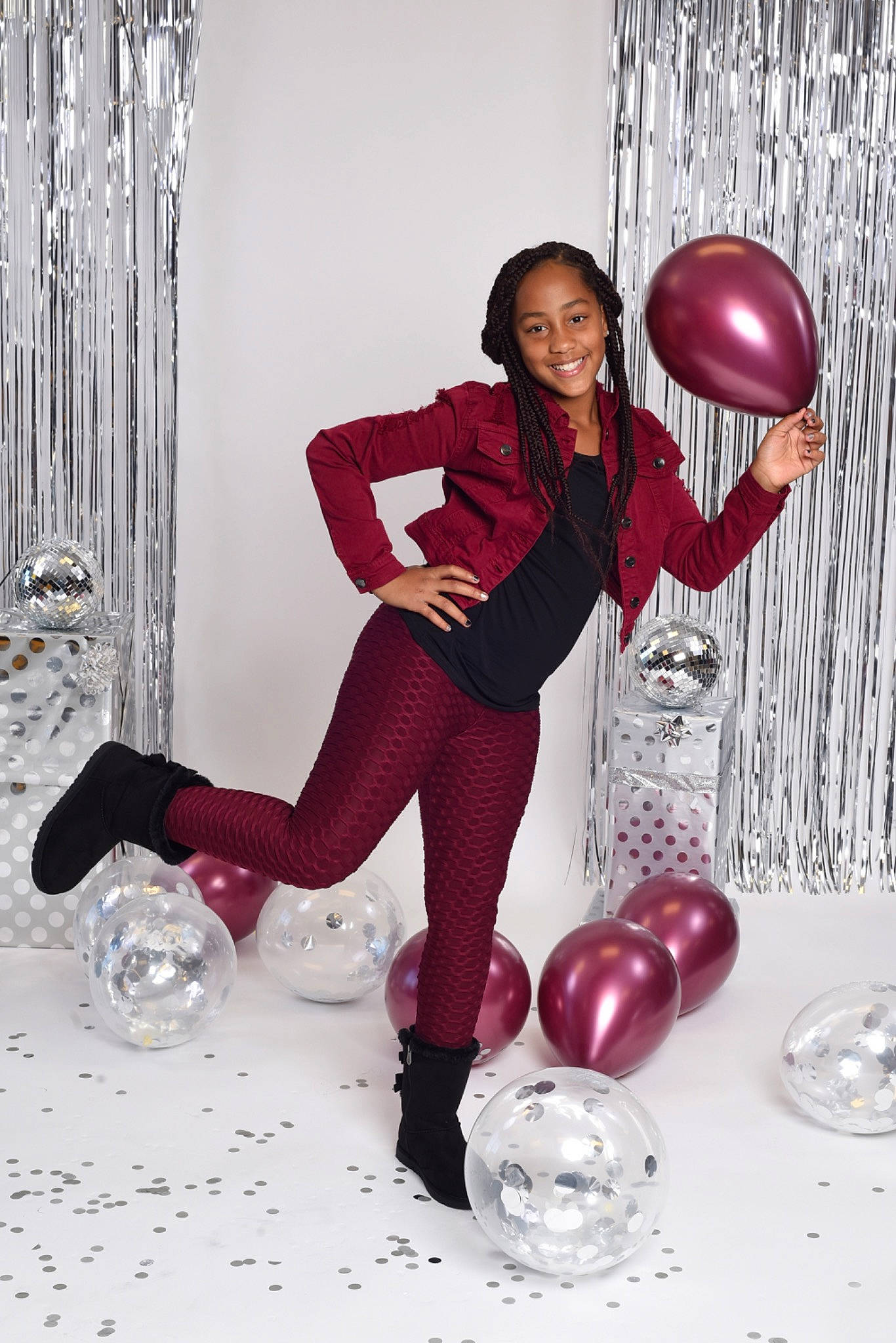 Laniyah is registered to the contest to win money with this photo: balloon, boot, brown_hair, fashion_design, fetish_model, flash_photography, hairstyle, happy, hat, human_leg, joy, knee, latex, leg, leggings, magenta, pantyhose, person, purple, stocking