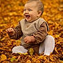 baby, child, autumn, fall_leaves, outdoor, laughing, happy, cute, nature, seasonal, smiling, sitting, toddler, warm_colors, portrait, clothing, leaf, baby_clothes, fun, playful