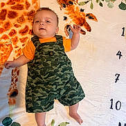 Aiden is registered to the contest to win money with this photo: baby, child, infant, giraffe, blanket, camouflage, orange_shirt, laying_down, cute, face, feet, hand, pattern, fabric, green, orange, smile, person, indoors, soft_surface