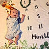 baby, blue_shirt, carpet, celebration, cute, face, feet, greenery, hands, infant, lying_down, milestone_blanket, month_marker, newborn, numbers, overalls, pattern, skin, soft_texture, wreath