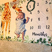 Aiden joined the competition — help win amazing prizes! baby, blue_clothing, carpet, celebration, child, cute, decorative, giraffe, greenery, indoors, infant, lying_down, milestone_blanket, months, numbers, one_month, portrait, soft_texture, striped_overalls, wreath