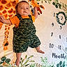 Aiden joined the competition — help win amazing prizes! baby, child, infant, camouflage, overalls, orange_shirt, milestone_blanket, giraffe, wreath, numbers, months, greenery, pattern, lying_down, cute, portrait, indoors, skin, face, feet