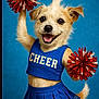 animal, blue_background, celebration, cheer, cheerleader_outfit, costume, cute, dog, ears, energetic, funny, fur, happy, mouth_open, pet, pom_poms, portrait, posing, smiling, tail