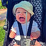 baby, child, stroller, hat, bucket_hat, smiling, happy, outdoor, sunlight, greenery, grass, safety_harness, clothing, infant, person, portrait, daytime, red_stripes, white_shirt, seat
