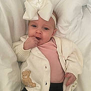 Wrainy joined the competition — help win amazing prizes! baby, black_pants, blanket, cardigan, child, cozy, cute, expression, face, hand, headband, indoors, infant, lying_down, pink_shirt, portrait, small_child, soft_texture, teddy_bear_patch, white_bow