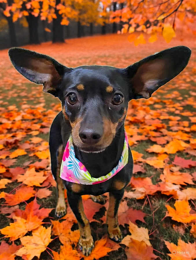 Lillie Bean is registered to the contest to win money with this photo: dog, animal, pet, autumn, fall_leaves, outdoor, forest, nature, black_dog, tan_markings, bandana, cute, ears, portrait, canine, grass, seasonal, leaf_litter, colorful, curious