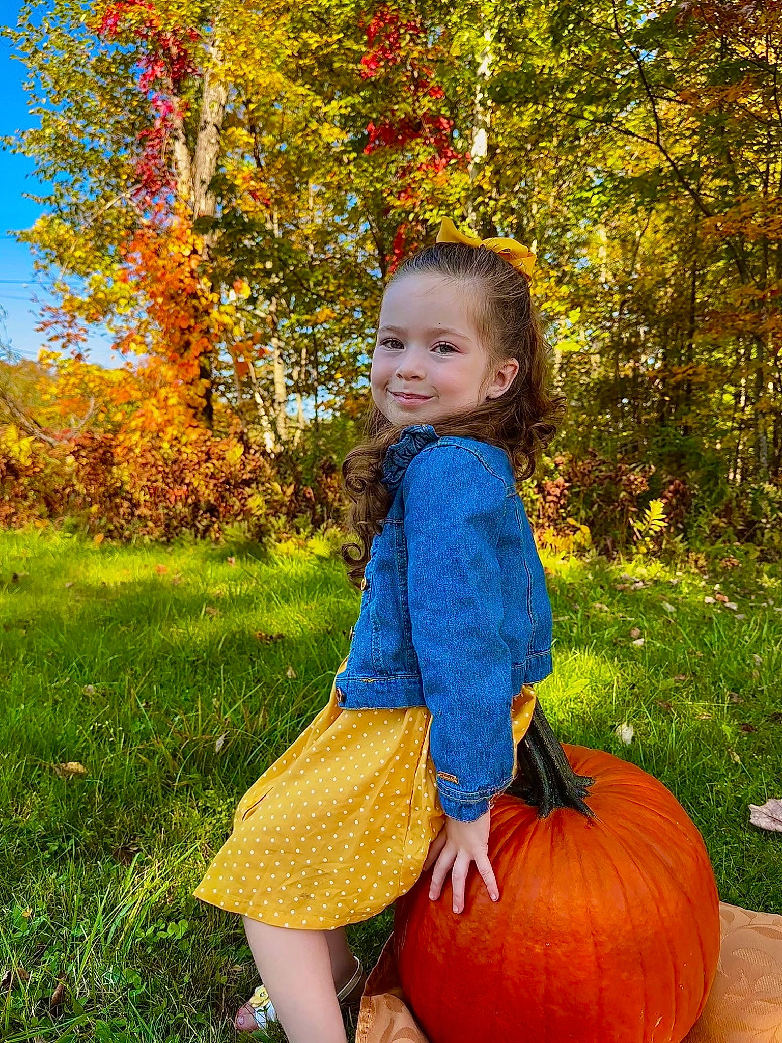 Addison joined the competition — help win amazing prizes! baby_toddler_clothing, botany, calabaza, cucurbita, dress, eye, gourd, grass, happy, joy, leaf, nature, orange, people_in_nature, person, plant, pumpkin, smile, toddler, tree