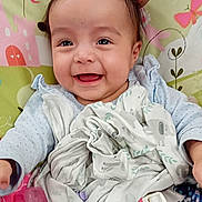 Delilah is registered to the contest to win money with this photo: baby, smiling, face, bear_ears, blanket, bottle, child, infant, cute, happy, patterned_background, clothing, lying_down, indoors, colorful, soft_toys, head, person, young_child, playful